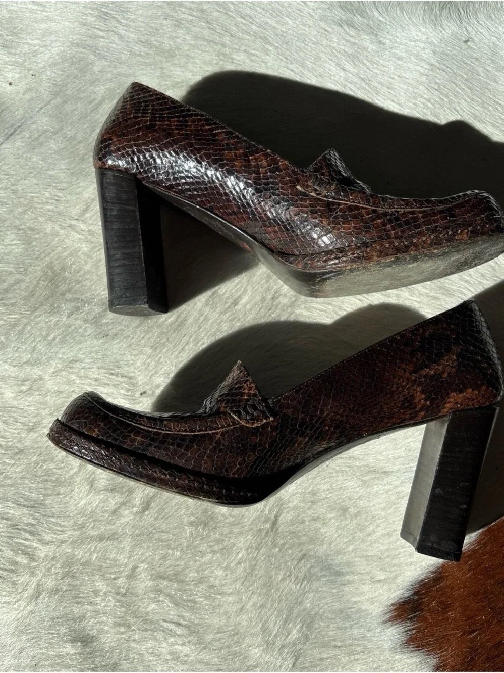 Via Spiga Brown Snake-Embossed Leather Block Heel Loafers